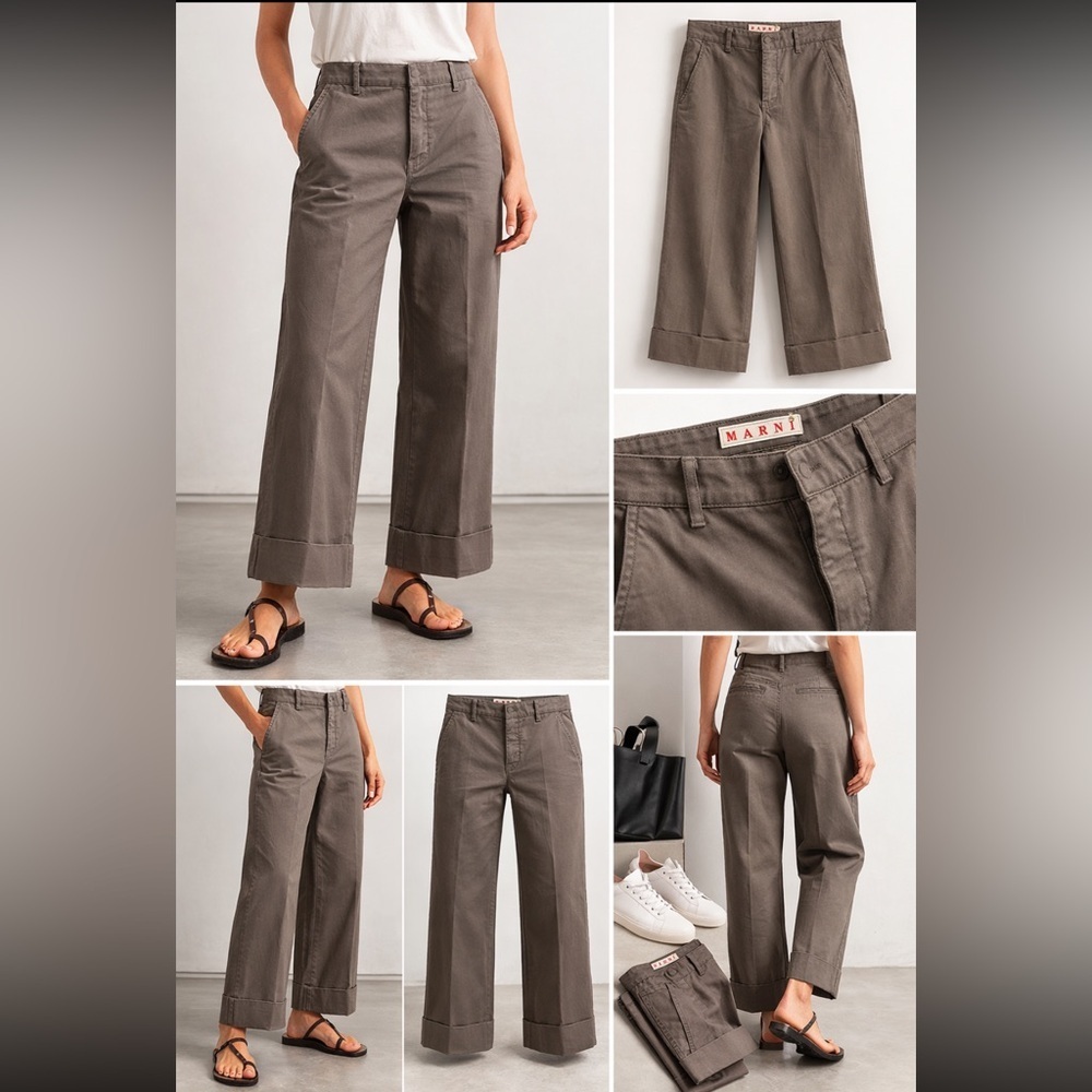 Marni Cotton Wide-Leg Cuffed Trouser Pants